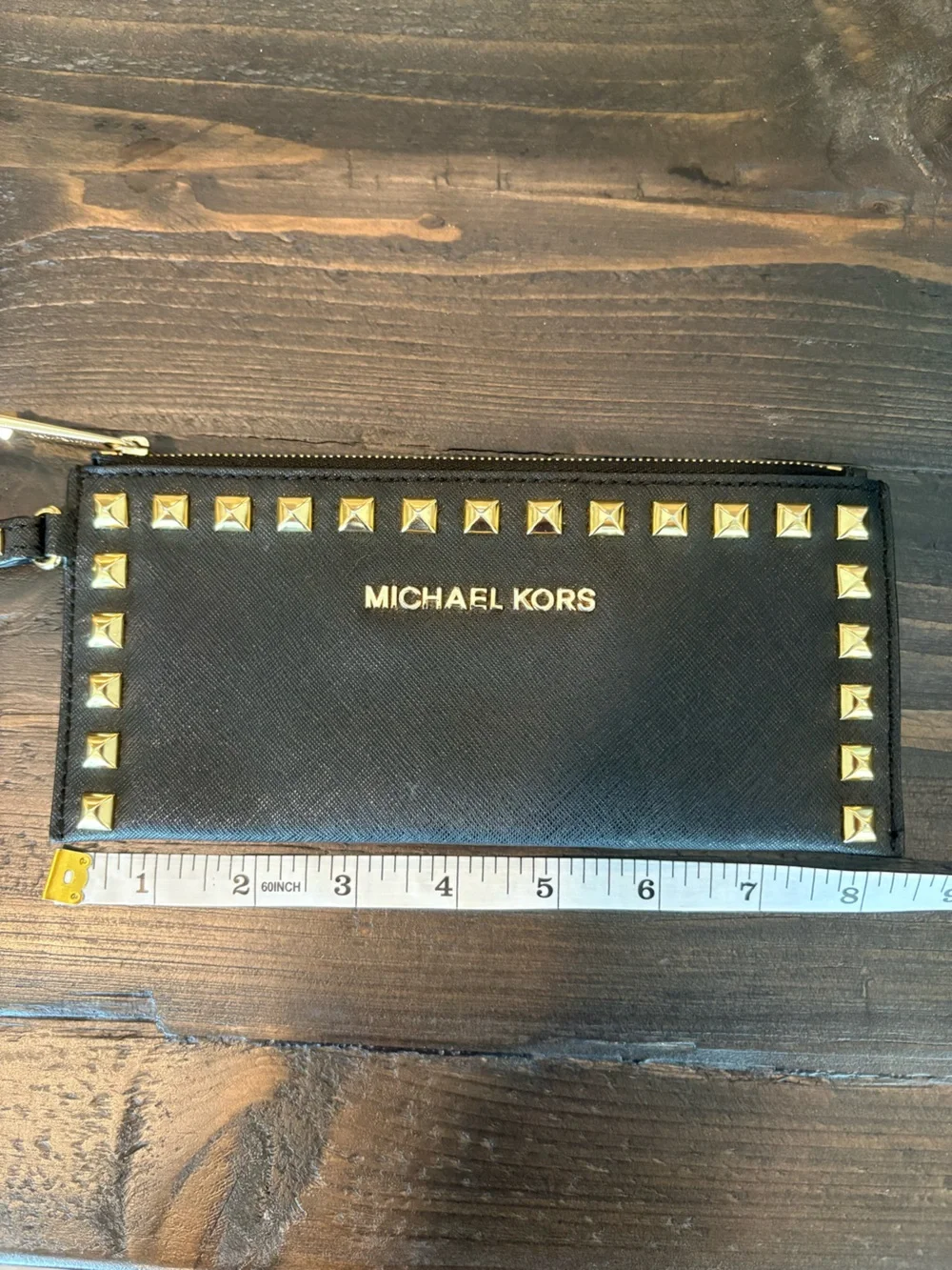 Michael Kors Studded Saffiano Leather Zip Wristlet Wallet Black Gold